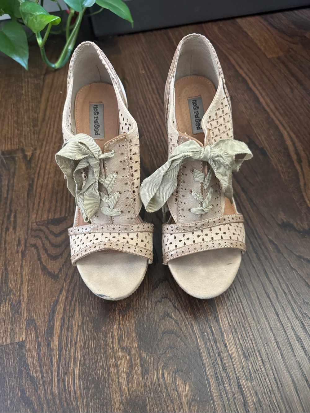Not Rated Beige Laser-Cut Lace-Up Wedge Sandals